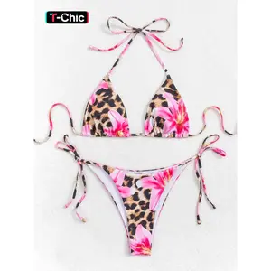 Two-piece Set Women's Floral & Leopard Print Set, Casual Fashion Chic Swimsuit Set for Beach Holiday Vacation, Ladies Swimwear for All Seasons, Bathing Suits, Bikinis Sets, Bikini Outfits, Flower Print Bikini