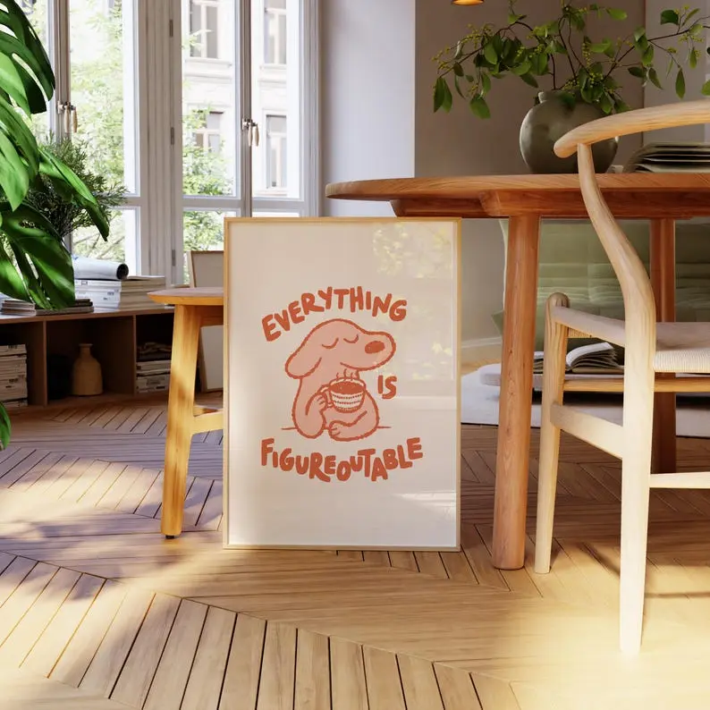 Everything Is Figureoutable Print, Positive Affirmations Office Desk Poster, Kids Motivational Decor, Cute Dog Wall Art, UNFRAMED