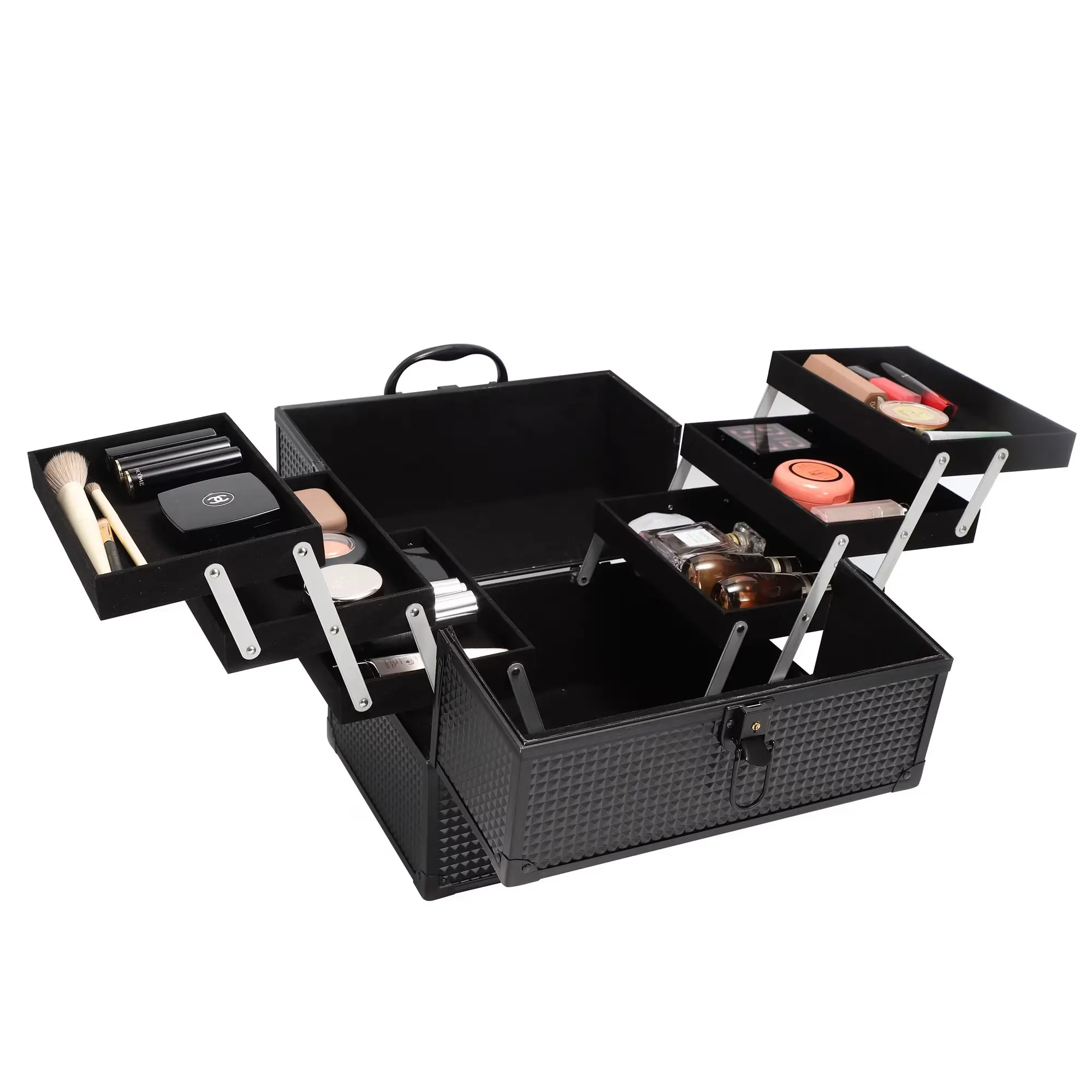 Large Makeup Train Case with 6 Retractable Trays, Lockable Cosmetic Organizer Case for Makeup and Beauty Accessories, Matte Black, 8.6 x 11.8 x 9.4 Inches