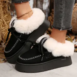 Retro Style Plush Snow Boots for Women Comfortable Platform Ankle Mini Snow Boots with Decorative Stitching Indoor Outdoor Shoes
