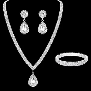 Shiny Silvery Rhinestones Jewelry Set - Luxurious Water Drop Geometric Pendant Earrings, Necklace and Bracelet Set Classic Women Wedding Dress, Elegant Evening Dress Jewelry Gift