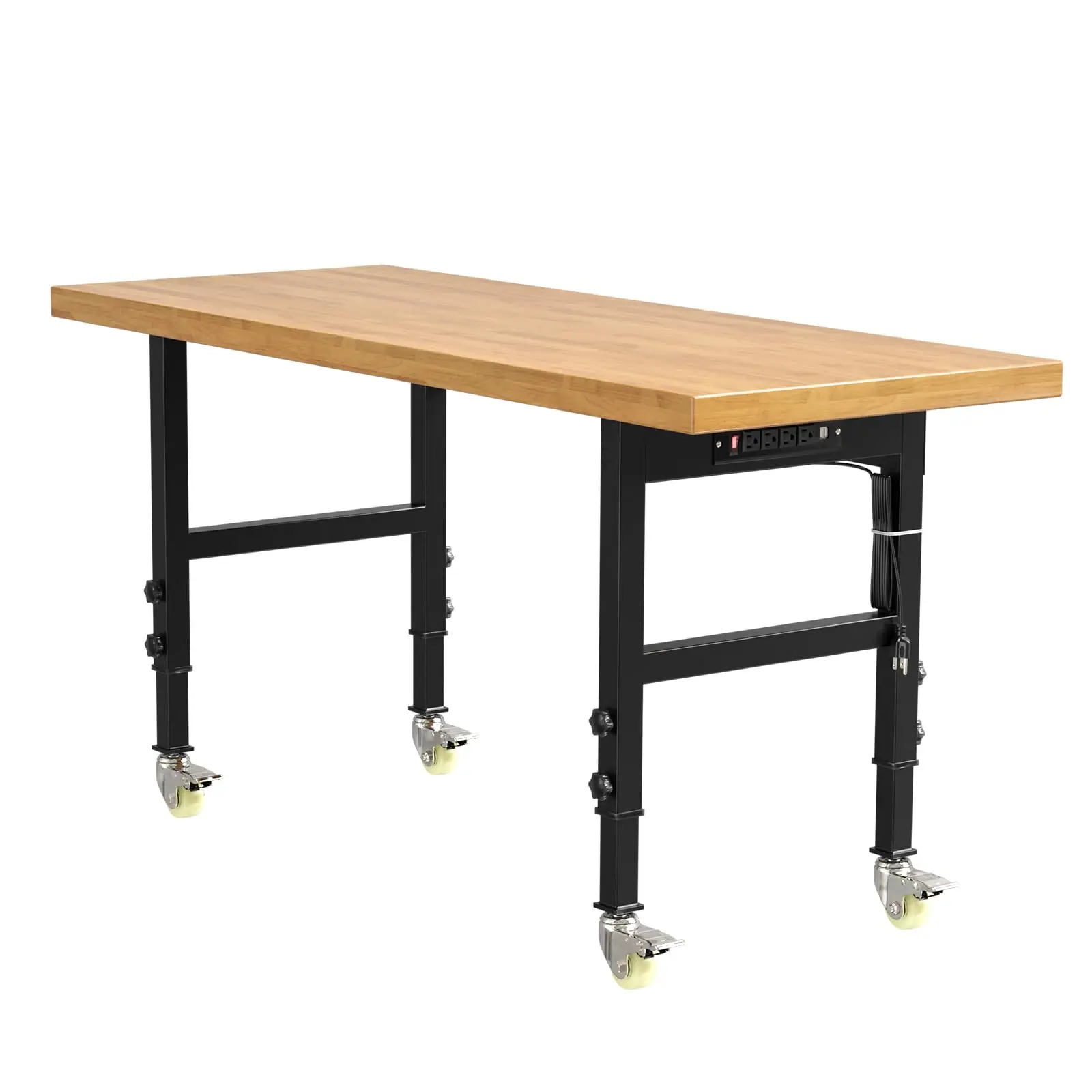 Garvee 60” Heavy-Duty Solid Wood Work Bench Work Table with Wheels, Adjustable Height Portable Workbench with Power Outlets, 3000 Lbs Capacity Workstation for Garage, Workshop