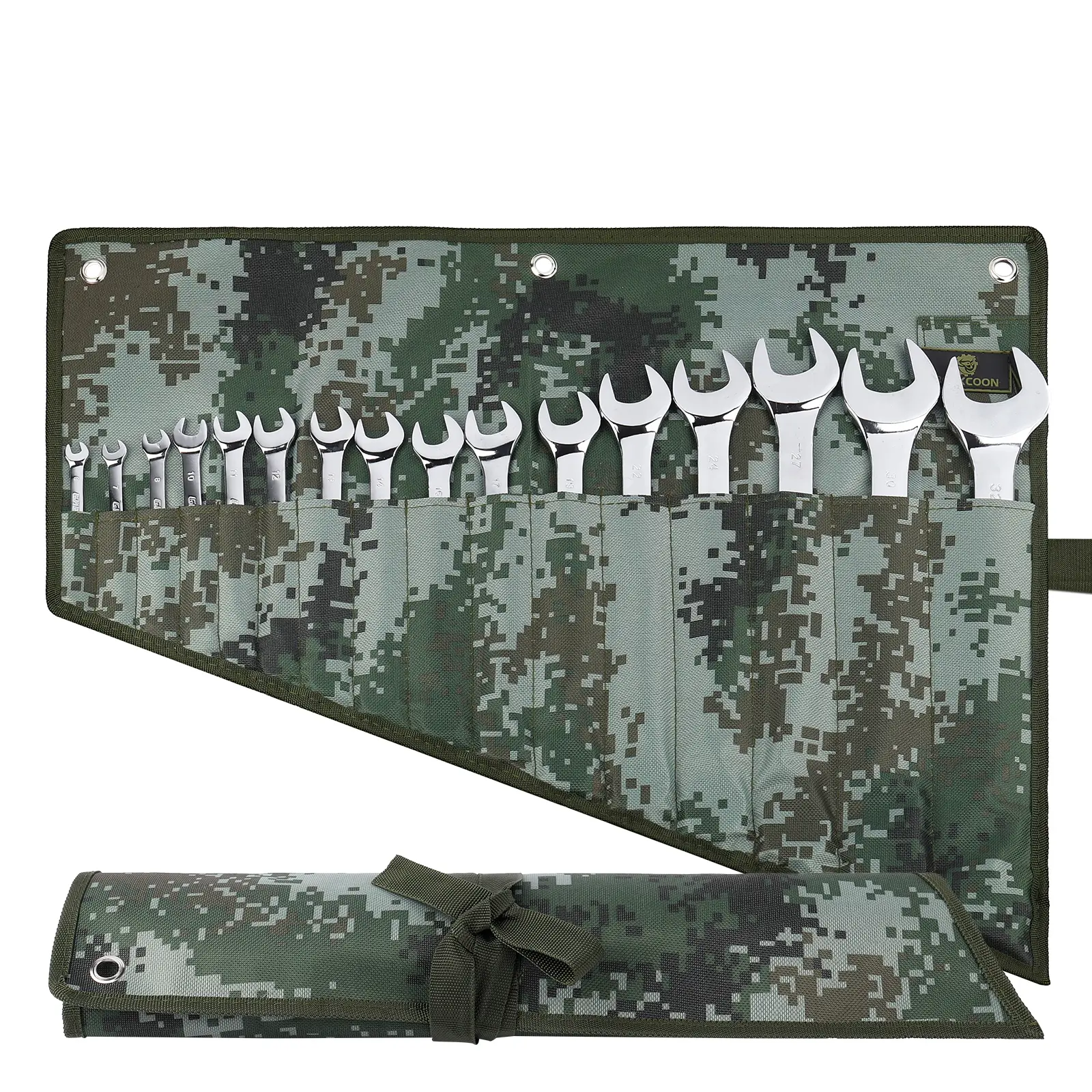 16 Pocket Wrench Roll Organizer, Rolled Tool Pouch Bag with Oxford Cloth, Dark Camouflage
