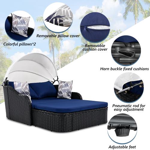 79.9 Inch Outdoor Sunbed with Adjustable Canopy Double Lounger PE Rattan Daybed Black Wicker Patio Furniture with Cushions for Poolside Backyard Garden (Black+Blue)