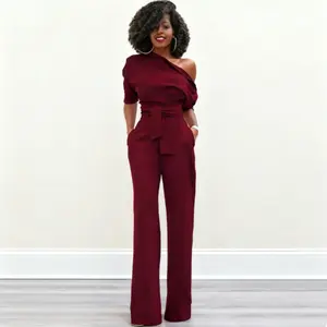 Women's Solid Color Slant Neck Button-Up Wide Leg Pants
