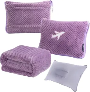 3 in 1 Travel Blanket Pillow Set - 350 GSM Thick Travel Blanket Airplane Compact with Bag, Soft Bag with a Pocket, Inflatable Travel Pillow for Camping &  Trip (Violet)