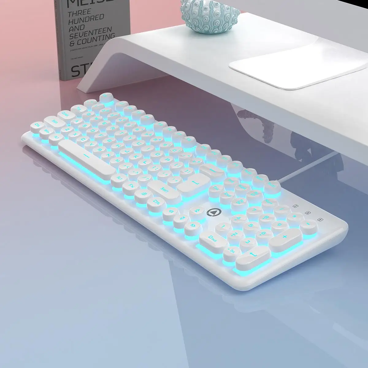 USB-A Luminous Keyboard, Round Wired Keyboard, Ergonomic Keyboard for Gaming, Ambidextrous Keyboard for Home Office, Gaming Accessories