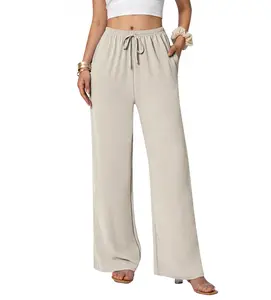 OYV Women's Cotton Linen Palazzo Pants Drawstring Elastic Waist Casual Wide Leg Trousers with Pockets
