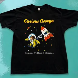 Gildan Men's Black T-shirt, Curious George cotton t-shirt, Retro Space Monkey Graphic T-Shirt, Vintage Astronaut Monkey Tee, Funny Space Graphic Shirt, Cartoon Style Unisex Tee, Retro Graphic T-Shirt Gift Menswear Top