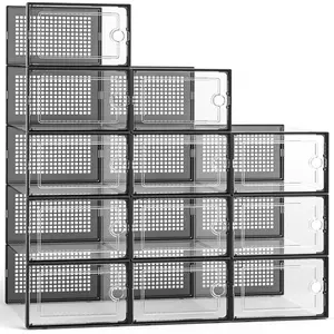 Large Shoe Organizers Storage Boxes for Closet, 12 Pack Clear Plastic Stackable Storage Bins with , Under Bed Shoe Containers for Entryway, Drop Front, Fit up to Women's Size 10,Black