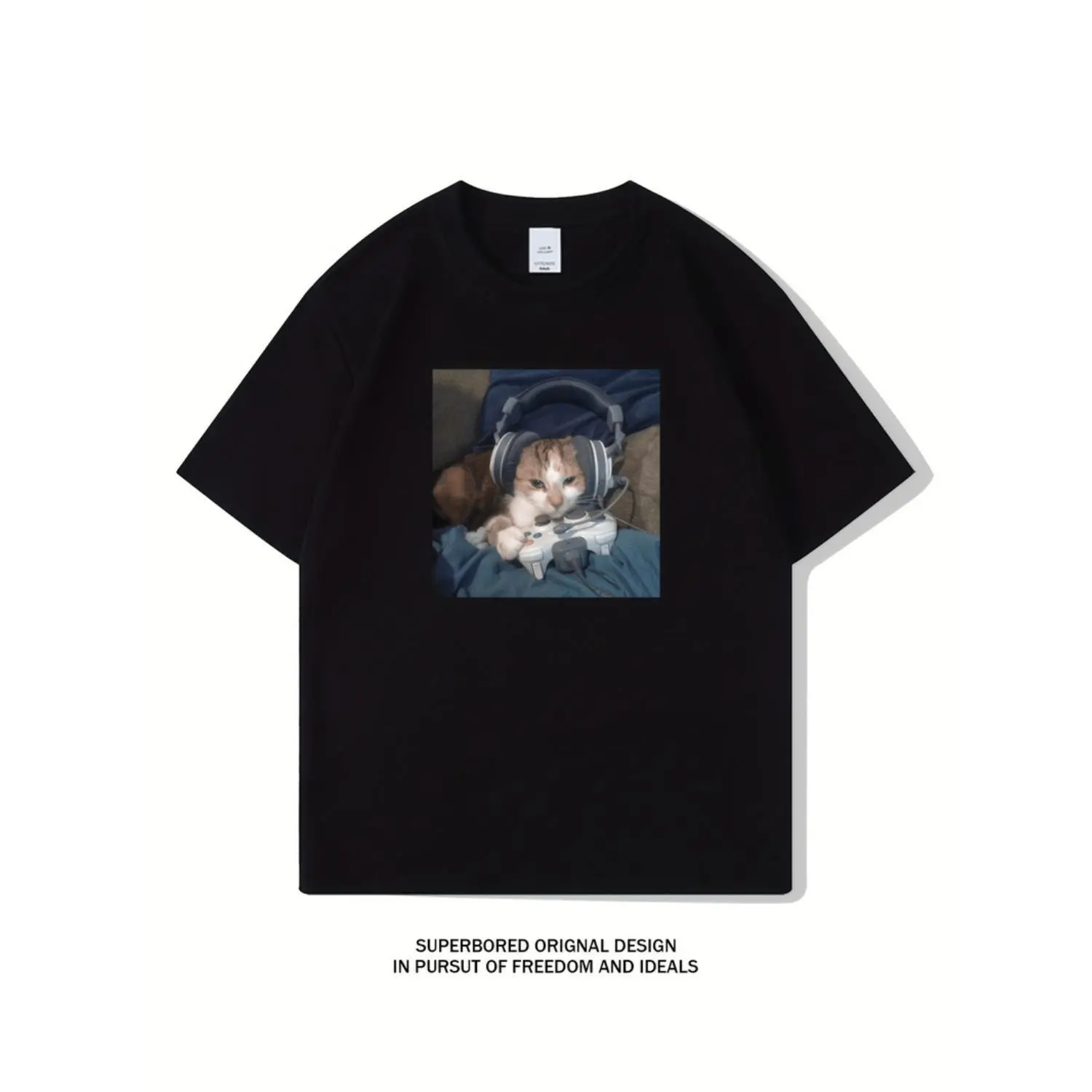 Cat Playing Video Games Print Cotton T-shirt Men Casual Comfortable Summer Clothing Top