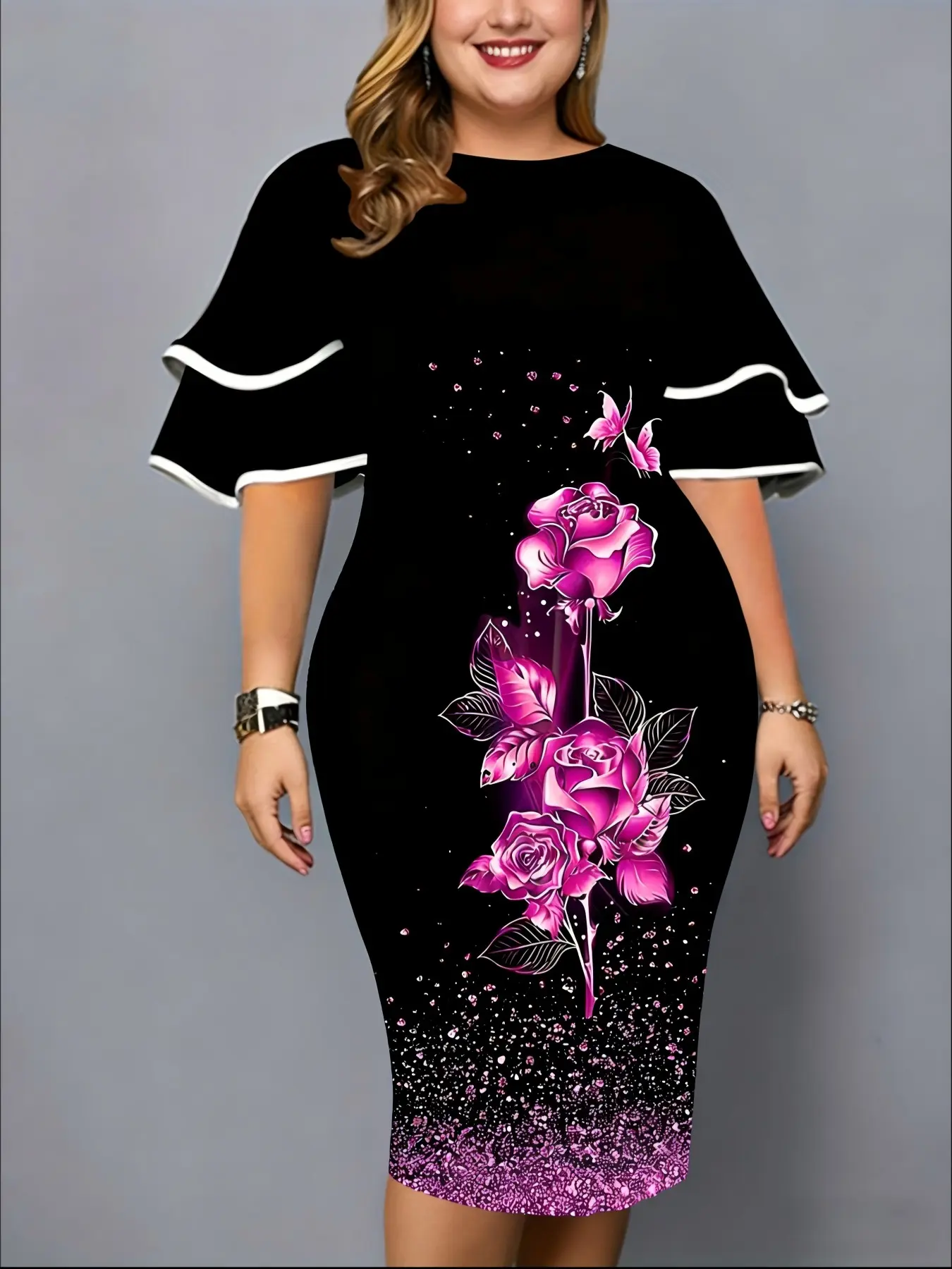 Elegant Chic Plus Size Midi Dress, Multicolor Rose Print, Round Neck, Pleated Sleeves, Back Slit Design, Party Evening Wear Essential, Floral - TikTok Shop Elegant Chic Plus Size Midi Dress, Multicolor Rose Print, Round Neck, Pleated Sleeves, Back Slit Design, Party Evening Wear Essential, Floral - TikTok Shop