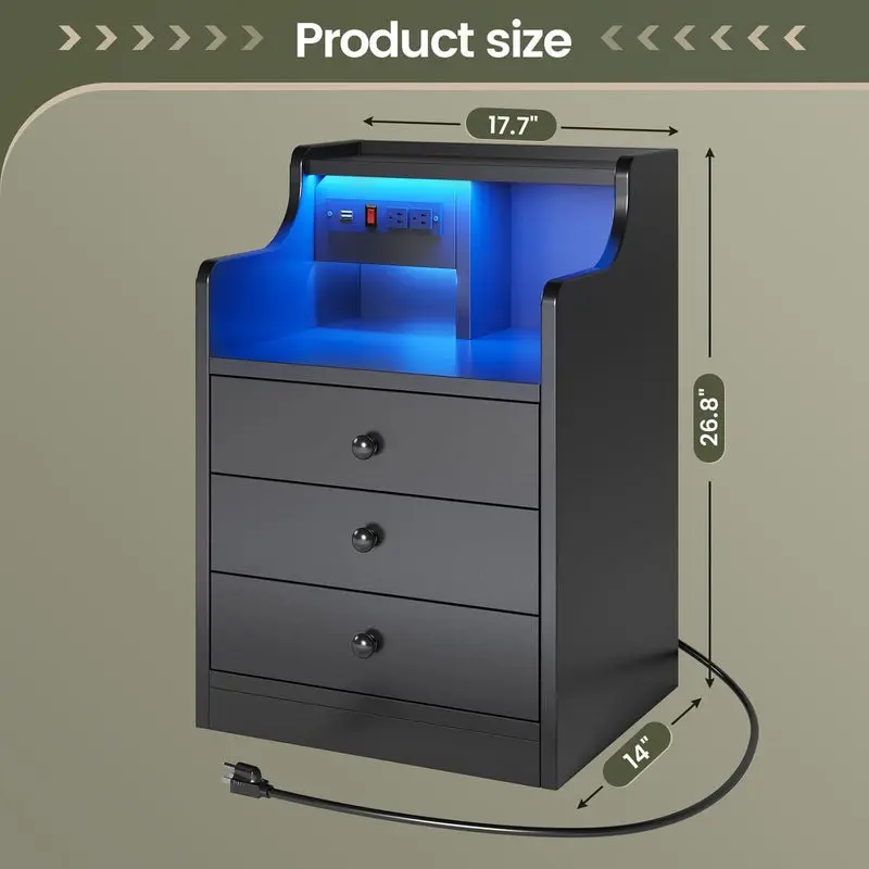 Sikaic LED Nightstand with Charging Station & Drawers