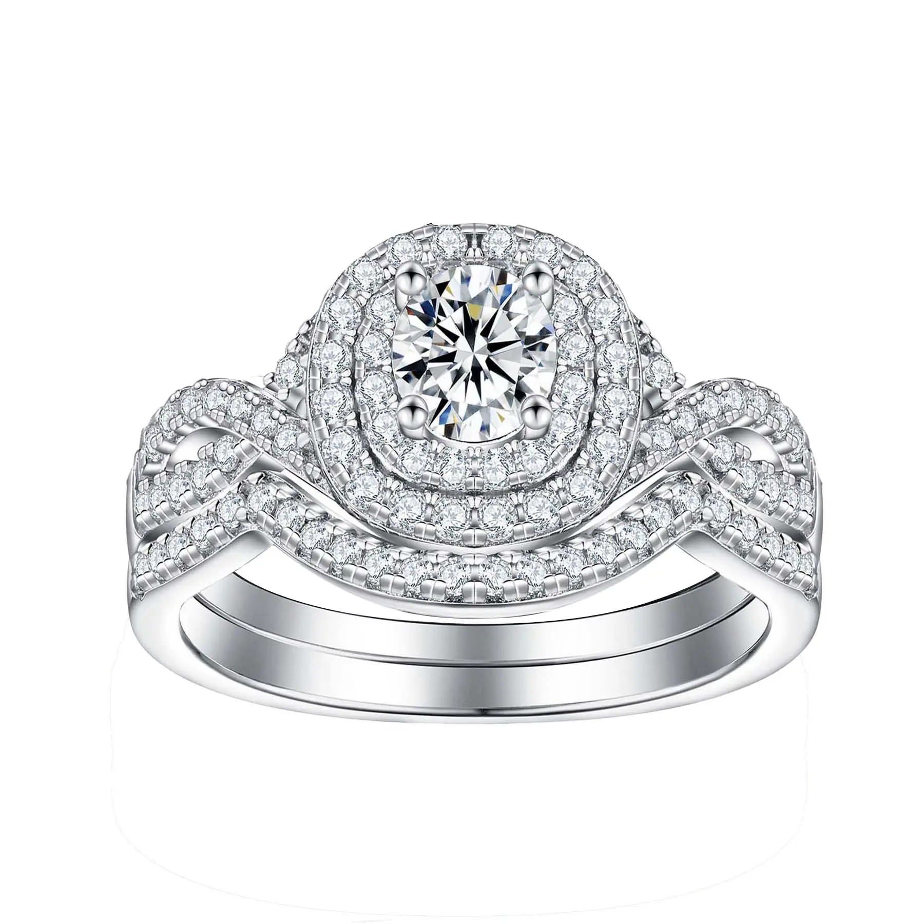 VOWSERING Women's Luxury Fashion 925 Sterling Silver White Gold-Plated 2-Piece Matching Pair Engagement Ring Set, 1CT Round Solitaire CZ, AAAAA CZ, Flanked Accents, Scratch-Resistant, 1.00Ct-1.24Ct Costume Jewelry, Anniversary Use, US Sizes 6-10