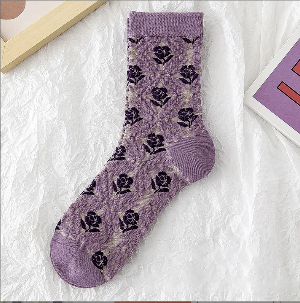 Baroque Rose Embroidered Socks Tiksocks Luxury Socks Elegant Purple Socks Embroidered Floral Socks Comfortable Designer Socks High-Quality Embroidered Socks Artistic Rose Pattern Socks Premium Purple Dress Socks Stylish Baroque Footwear