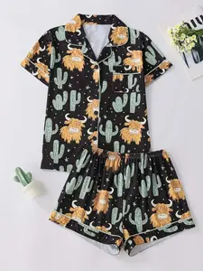 Summer Women's Sleepwear 2-Piece Set, Pajama Set, Shorts Pj Set, Pyjamas, Lady, Wearable Short Sleeve Shorts, Casual Fashion Cute Home Clothes, Fitted Style, Loungewear, Casual Pajamas Outfit, Cartoon Pattern Pajamas
