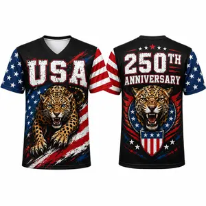 USA 250th Anniversary Patriotic V-Neck Sports Shirt for Men Women, Leopard American Flag Graphic Tee, Red White Blue Short Sleeve Athletic Top