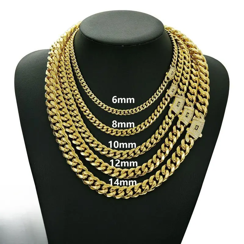 14k Gold Plated Miami Cuban Link Chain Necklace Golden Stainless Steel Iced Out Clasp Hip Hop Jewelry for Men/ Women 6/8/10/12/14mm stack fathersdaygifts