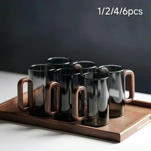 1/2/4/6 Pcs Food Grade Borosilicate Glass Cup Set, Heat Resistant Thickened Lead Free Tea Cups with Walnut Wooden Handle, Aesthetic Drinkware for Home & Office, Reusable, Washable Clear Glass Mugs for Tea Coffee Latte, Gift