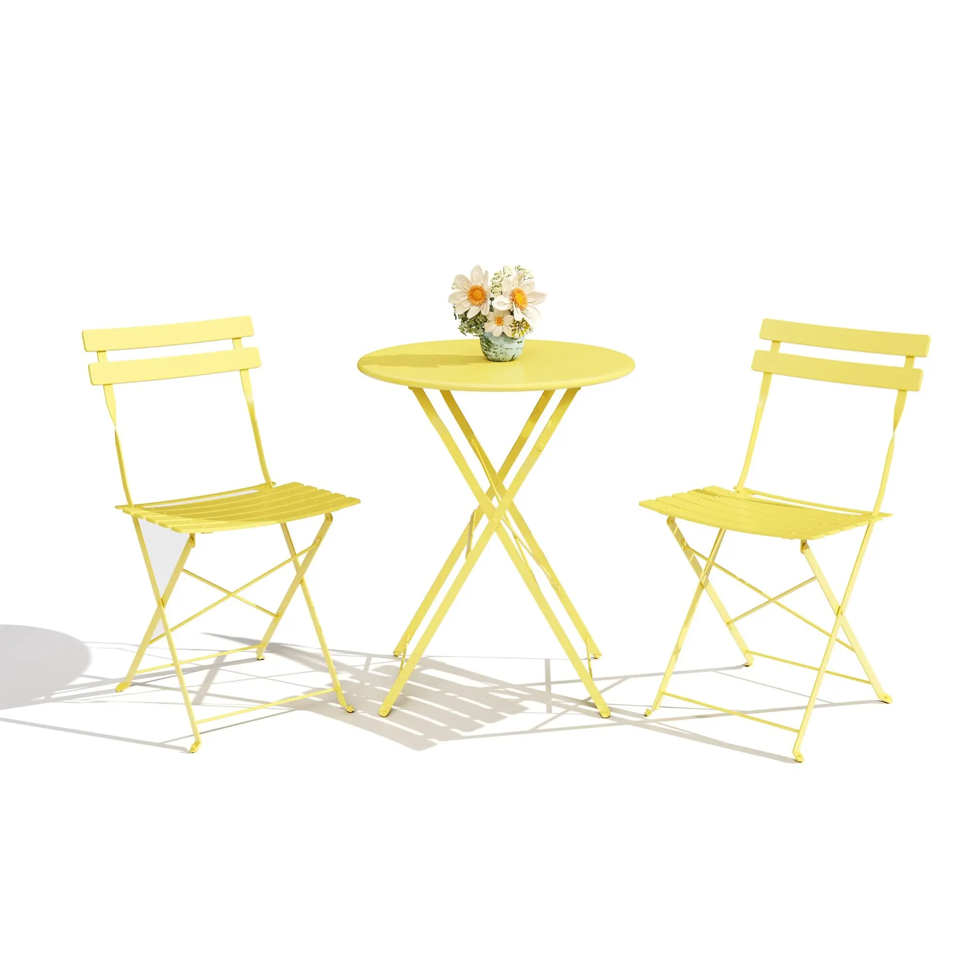 Gaomon Outdoor Patio Bar Set - 3-Piece Set with 2 Folding Slats Seat Chairs & 1 Folding Table, Portable Lightweight Steel Frame, Waterproof Plastic, Wipe-Clean Black Glass, Easy Storage for Balcony, Poolside, Fresh Colors