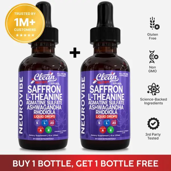 Clean Nutra BOGO | Saffron, L-Theanine, Ashwagandha, Rhodiola, Agmatine, Sulfate & More for Calm Mood & Focus Support Liquid Drops – NeuroVibe Clean Nutra BOGO | Saffron, L-Theanine, Ashwagandha, Rhodiola, Agmatine, Sulfate & More for Calm Mood & Focus Support Liquid Drops – NeuroVibe