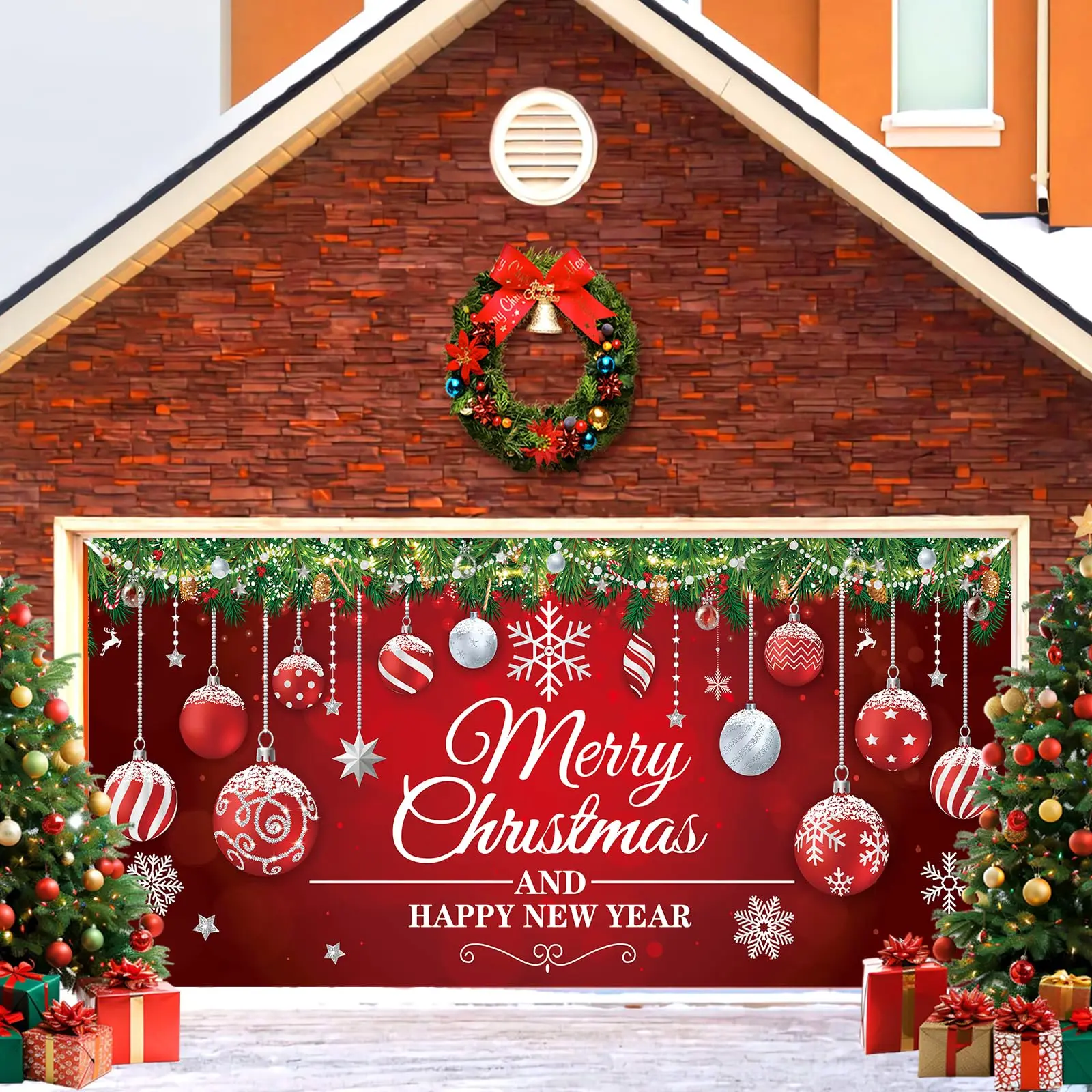 2D Flat Photo Booth Prop, Christmas Garage Door Decoration Garland Ribbon, Holiday New Year Party, No Power Needed, Model