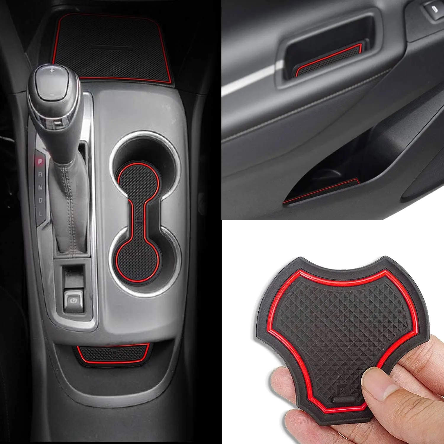 14-Pieces Custom Fit Anti-Dust Mats for Chevy Equinox 2018-2024 Interior Accessories, Door Pocket Liners, Cup Holder Pads, Console Mats with Red Trim