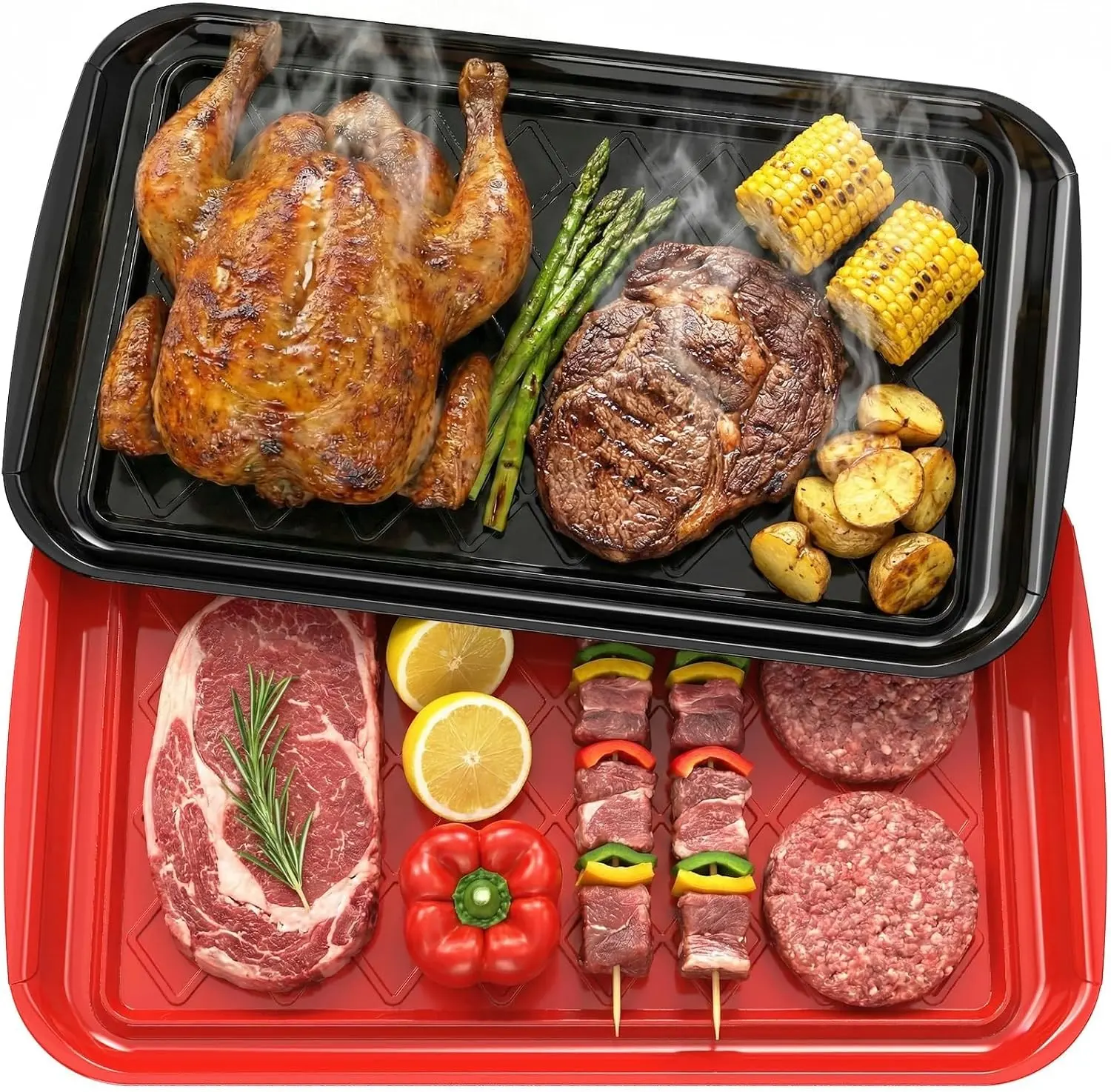Set of 2 Stackable Plastic Grilling Prep & Serving BBQ Trays for Raw and Cooked Food Dishwasher Safe 17"×10.5" Outdoor Cooking BBQ Accessories for Parties Red & Black