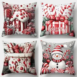 4pcs, Christmas Throw Pillow Covers, Contemporary Style,Cushion Cases with Holiday Designs, Holiday Motifs, Festive Patterns, Candy House, Snowman for Home Decor  Designs for Indoor/Outdoor Holiday Decor, Single-Sided Printing, No Pillow Core