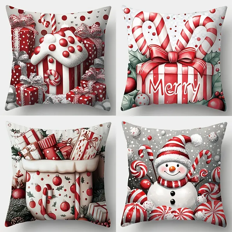 4pcs, Home Textile, Christmas Throw Pillow Covers, Contemporary Style, Cushion Cases with Holiday Designs, Festive Patterns, Candy House, Snowman for Home Decor, Indoor/Outdoor Holiday Decor, Single-Sided Printing, No Pillow Core