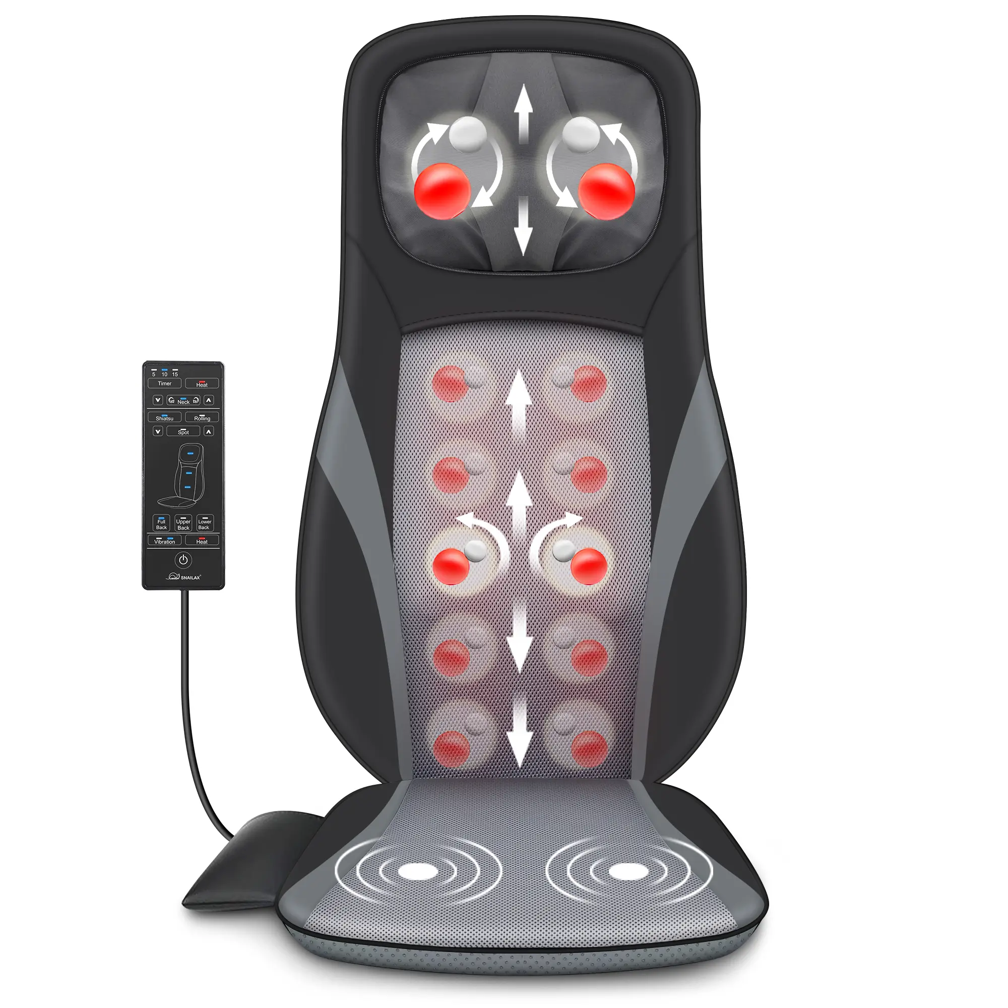 Snailax Heated Shiatsu Back Massager Chair Pad - Deep Kneading for Full Back, Neck, Shoulders, Adjustable Vibration Seat Cushion with Strap, AC Powered, 30-34 In & 63-70.9 In, Blood Flow Control, Circulation Boost, Gift for Husband, Selfcare Muscle Relief