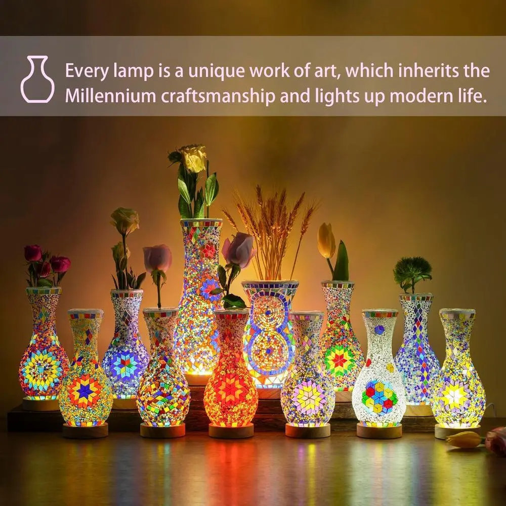 Handcrafted Mosaic Glass Vase Table Lamp, Turkish Moroccan Bohemian Decor Light with Solid Wood Base, USB Plug Operated Vintage Bedside Lighting for Bedroom, Living Room, Farmhouse Indoor Decoration