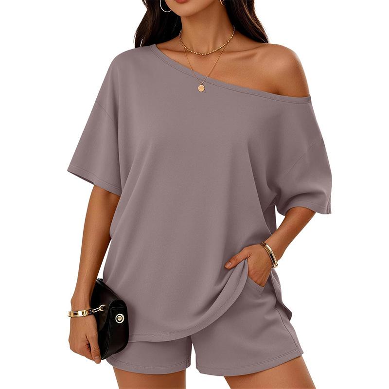 Women's 2 Piece Outfits Summer Casual Lounge Sets Off The Shoulder Tops and Shorts Sweatsuits Tracksuits with Pockets