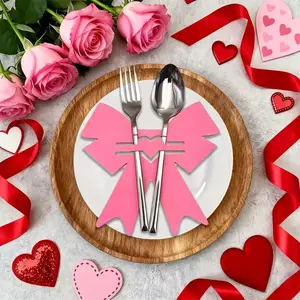 12pcs Valentine's Red Heart Bow Tableware Holders & Felt Utensil Bags - Wedding, Party Table Decorations Suitable for Napkin Holders, for Banquet Table Setting, Valentine's Day Party Supplies, New Year Gifts Valentine Easter