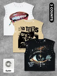 Men's 3-piece sleeveless T-shirt set, featuring unique eyelet details, a cropped, loose fit that accentuates muscle definition, suitable for everyday wear, durable and with a retro print, a top choice for fashion enthusiasts.