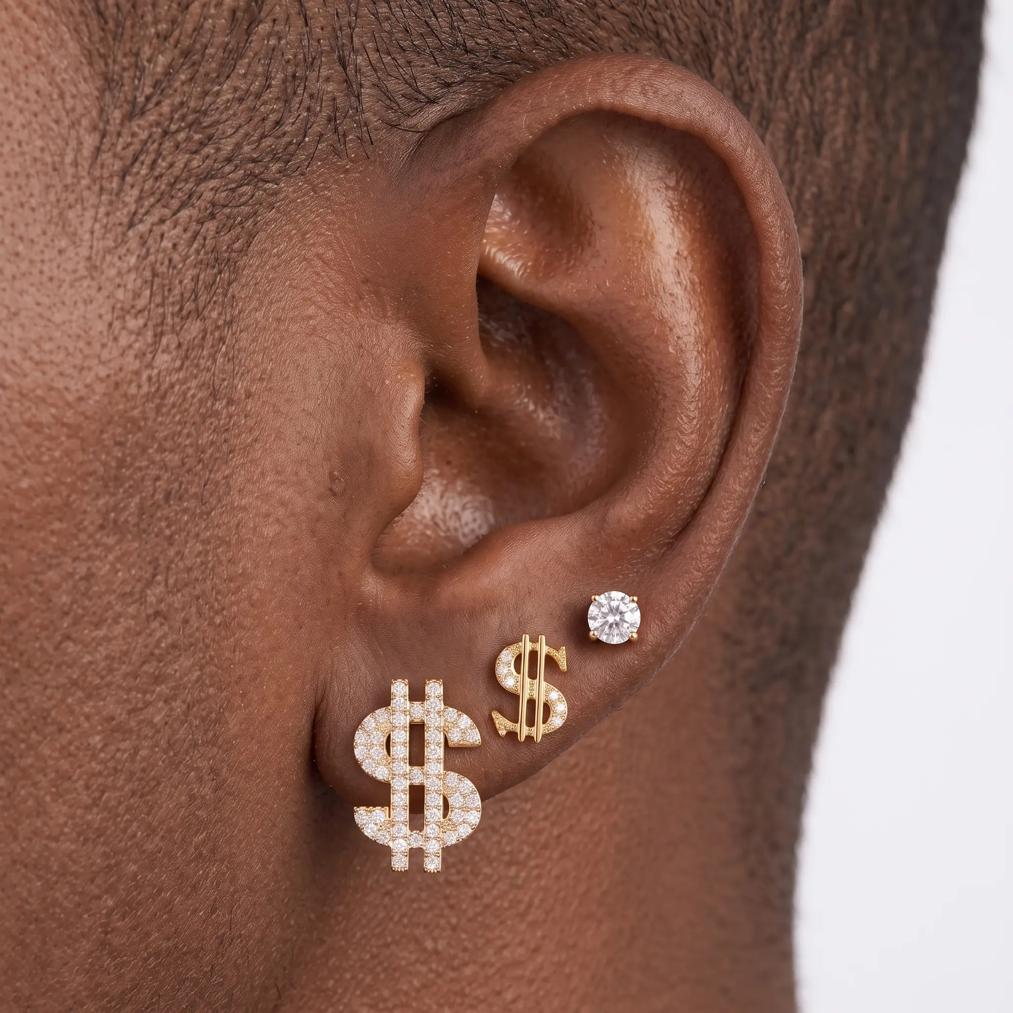 14K Gold Plated 3 Pairs Iced Out Gold Dollar Sign Stud Earrings Set, Unisex Hip Hop Cubic Zirconia Ear Studs for Men Women Daily Party Jewelry