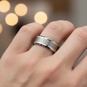 Brushed Center Silver Tungsten Wedding Band with Beveled Edges Men's Wedding Ring Personalized Custom Engraved Ring Unisex Engagement Ring