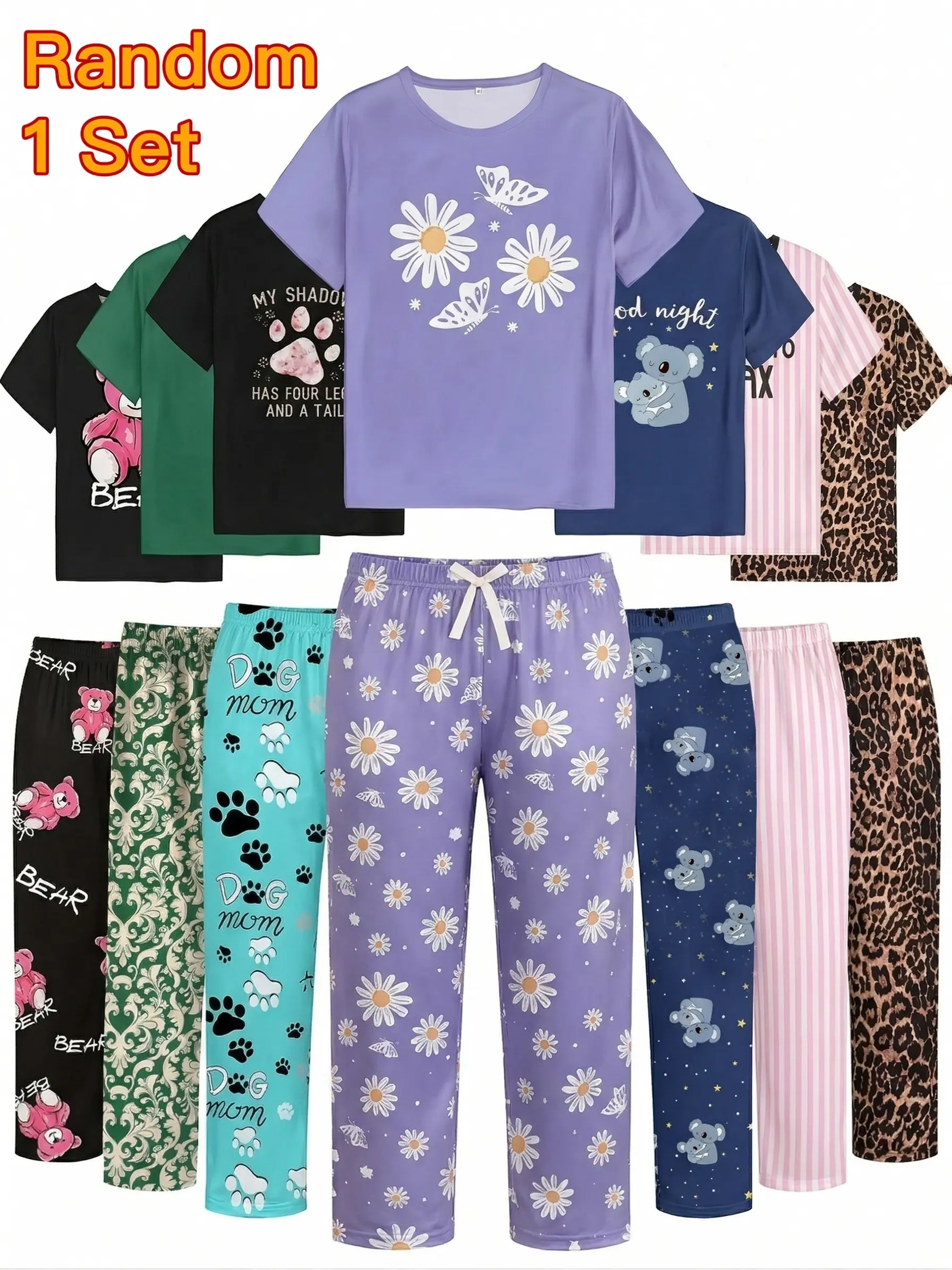 Women's Random 1 Set Pajamas Short Sleeve Top & Long Pants Soft Sleepwear Loungewear with Cute Prints for Nightwear