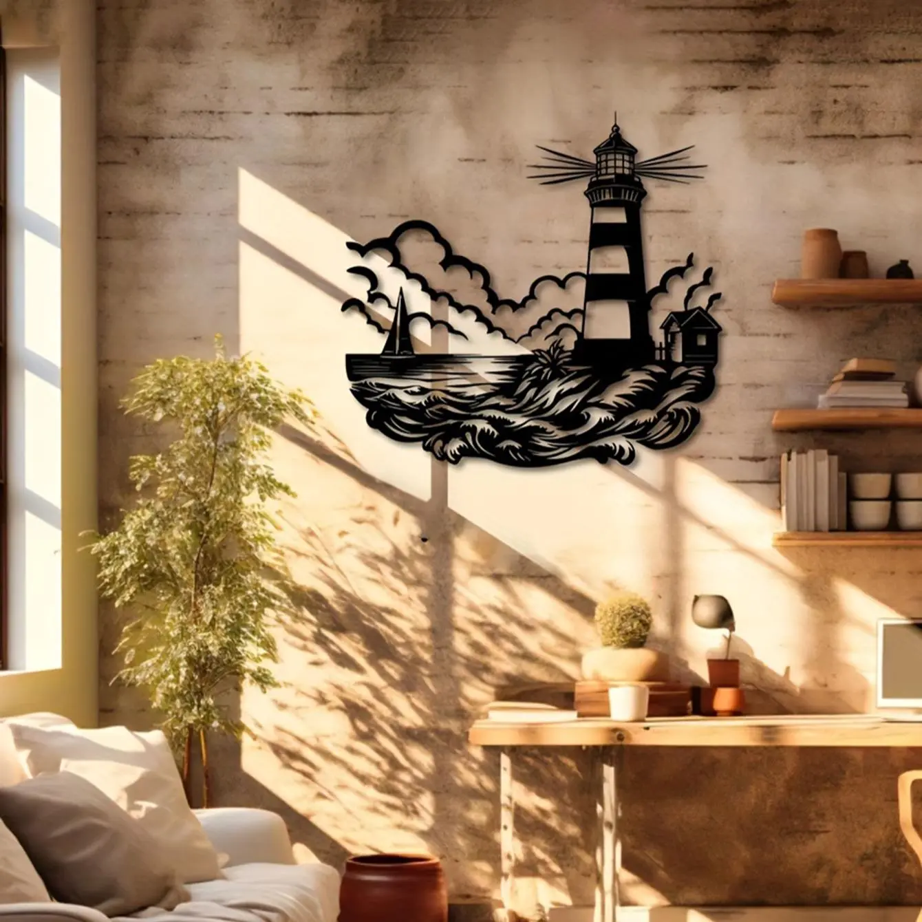 Mediterranean Style Ocean Lighthouse Metal Wall Sculpture, Outdoor Beach Villa Wall Art, Iron Lighthouse Bathroom Decor, Indoor/outdoor Hanging Decoration