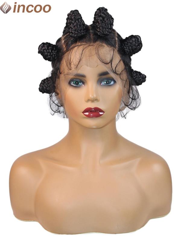 2 Inch Bantu Knots Braided Wigs, Synthetic Box Braided Wigs Buns, Handmade Twists Full Lace Cornrow Synthetic Braided Hair Wigs for Black African Women, Synthetic Braided Lace Wigs for Party, Daily Use