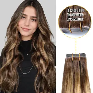 YILITEHAIR  #P4/27/T4 Seamless Injected Invisible Tape In Extensions Virgin Human Hair 14In-18In 20Pcs Chocolate Brown to Caramel Blonde Long Straight