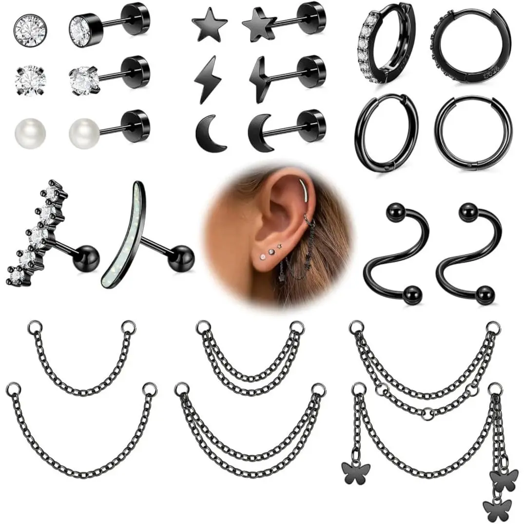 316L Stainless Steel Cartilage Earrings Set Huggie Hoop Earrings  Flat  Earrings for Women Cartilage Helix Earrings with Chain Dangle Conch Tragus Piercing  Set