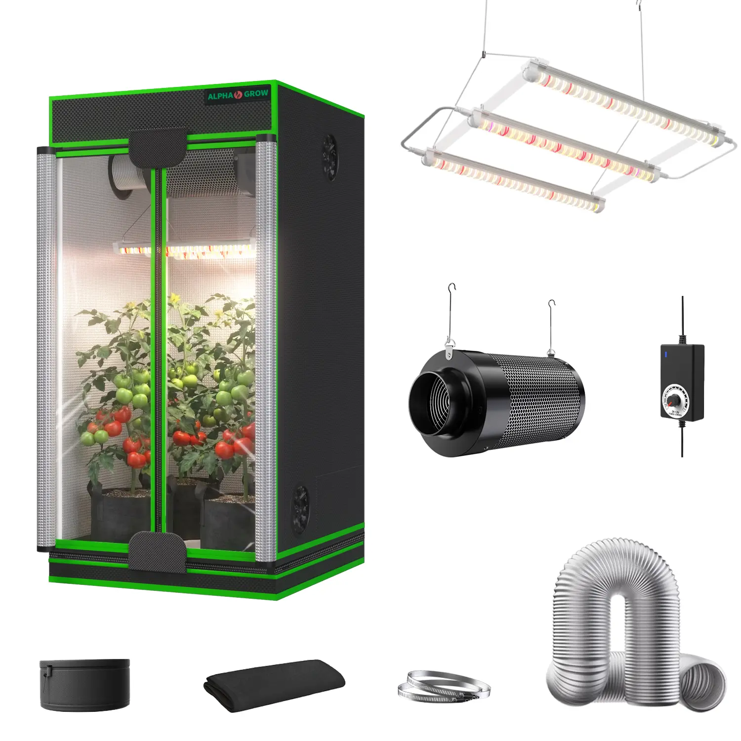 ALPHAGROW 1800D Dual-Zipper Mylar Waterproof Metal Grow Tent Kit with 33W Full Spectrum LED, 4/6 in Integrated Ventilation System, 2x2/2x4/4x4 Indoor Hydroponic Growing System