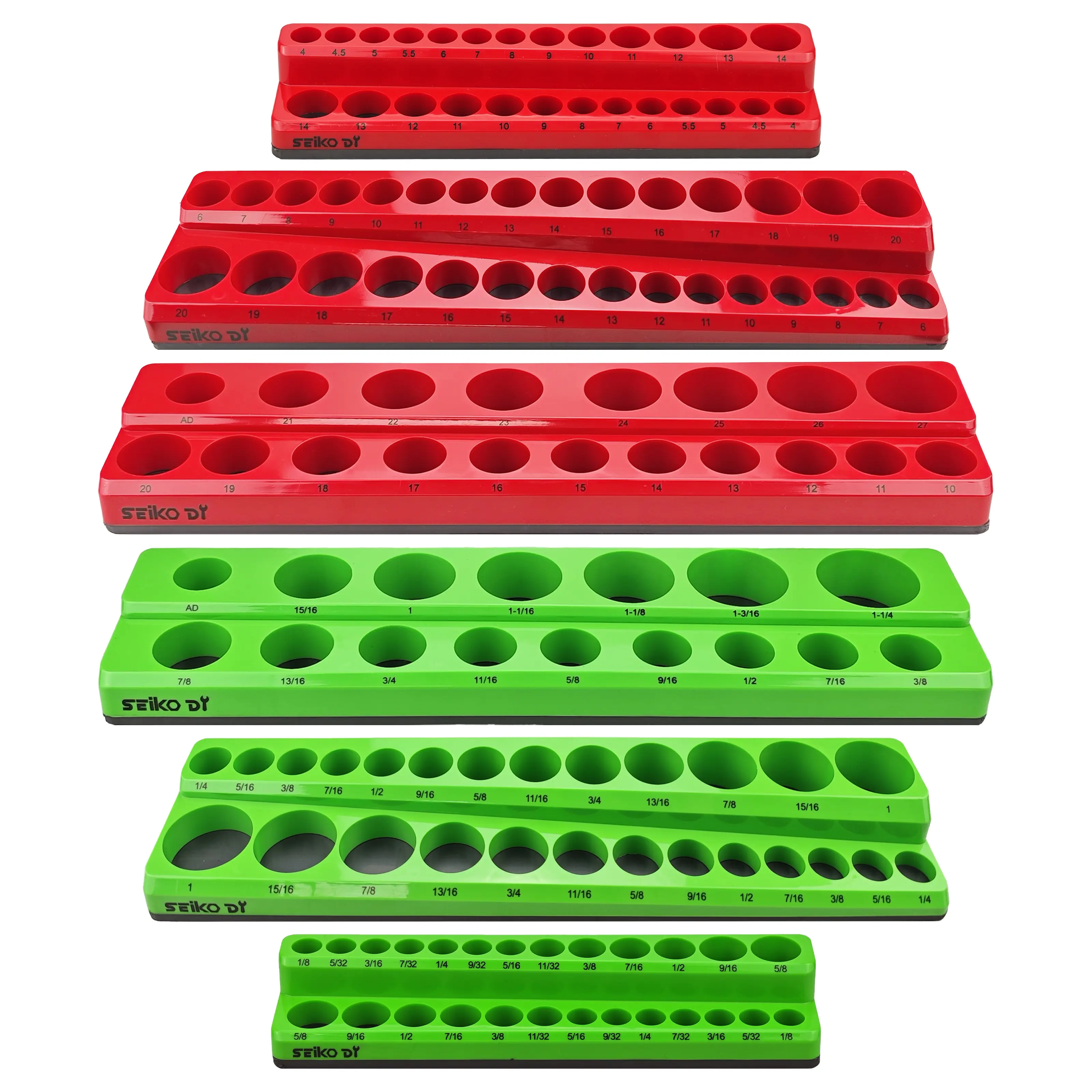 D ProTool Hub 6-Piece Magnetic Socket Organizer Set - Versatile Sizes 1/4"-3/8"-1/2" SAE Metric Drive Tray, Magnetic Socket Holder, Storage Tool Box (Holds 143 Units) with Soft Rubber Coated Red Green Tools for Mechanics, DIY Enthusiasts