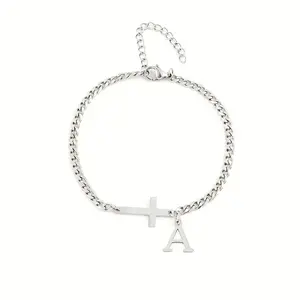 1pc A-Z26 Adjustable 304 Stainless Steel Bracelet with Silvery Letters & Cross Perfect Gift for Friends Family Loved Ones Teenagers Daily Occasion