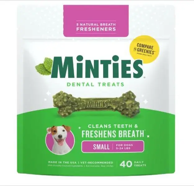 Minties Dog Dental Bone Treats - Tiny/Small Size, 16 oz, 40 Count, Cleans Teeth, Fights Bad Breath, Removes Plaque and Tartar