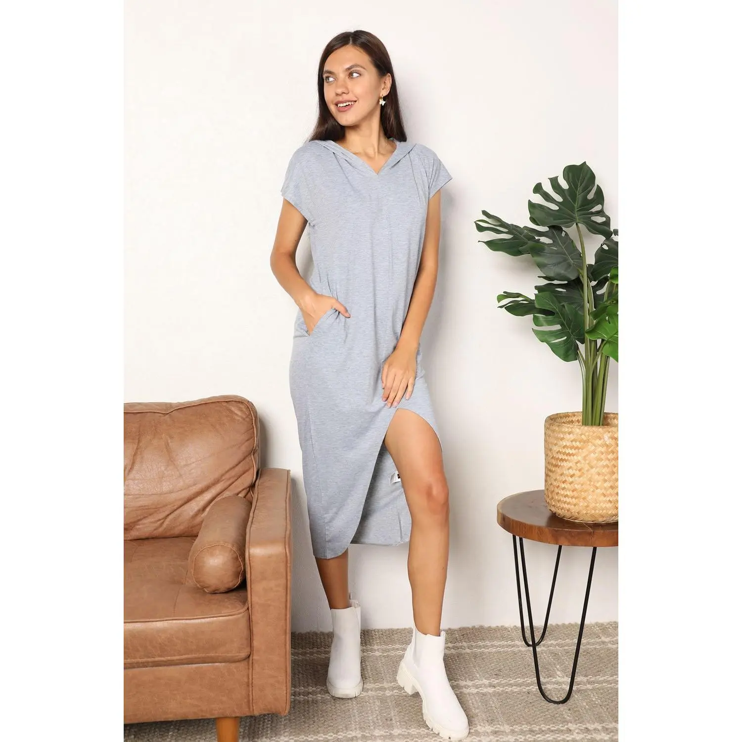 Perfee Short Sleeve Front Slit Hooded Dress