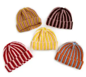 Women's Colorblock Striped Knitted Beanie - Striped Knit Hats, Warm Stylish Fashion Accessory for Fall, Winter Casual Wear