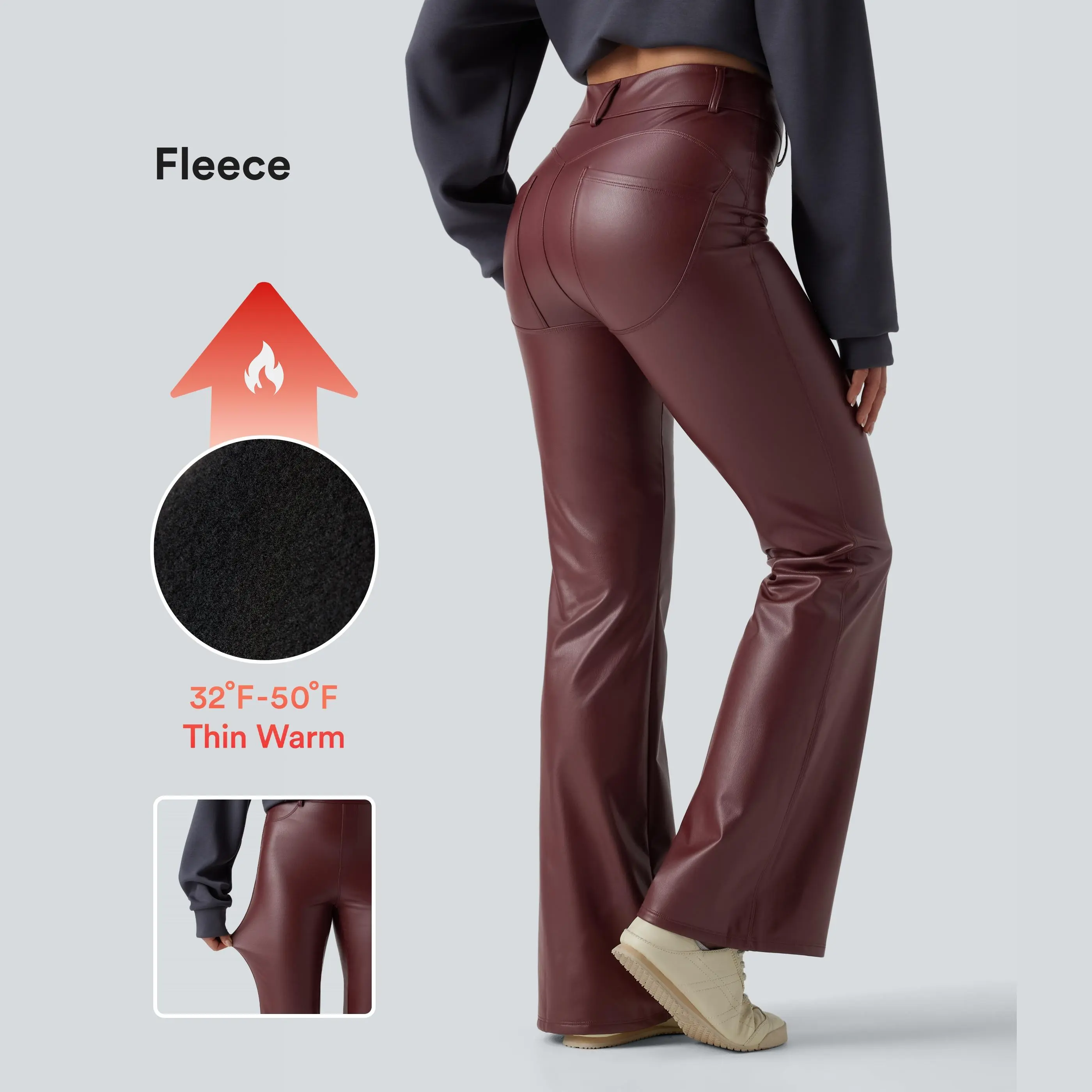 Halara High Waisted Stretchy PU Fleece Casual Flare Pants with Pockets