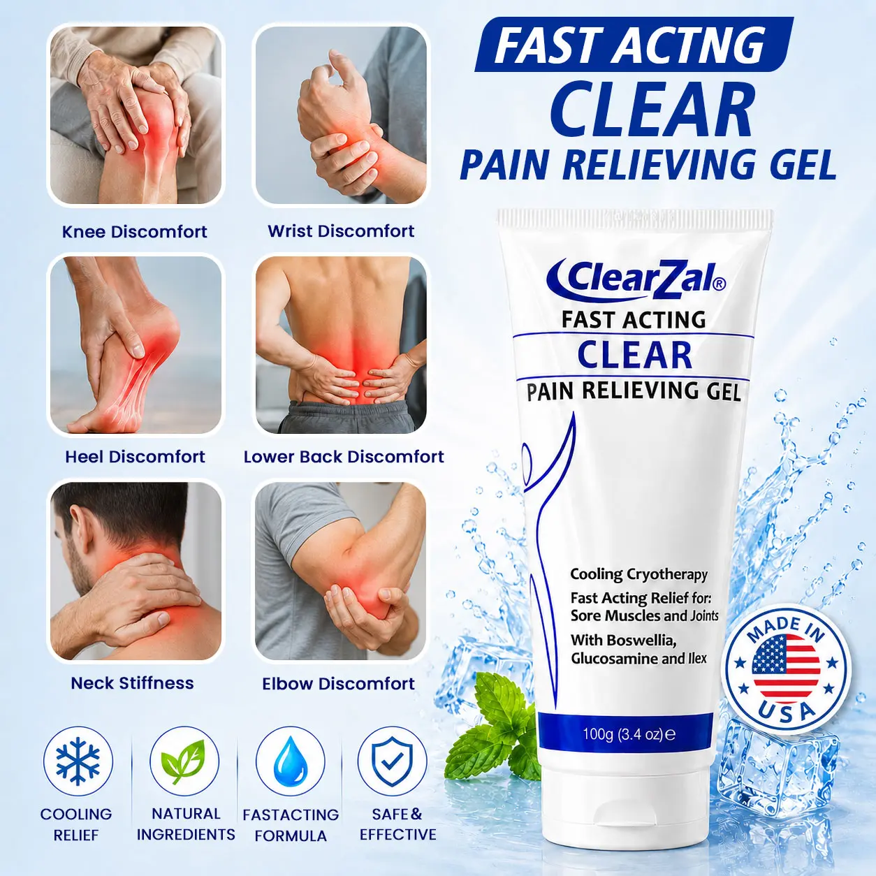 [Star]Clearzal Soothing Cooling Gel 100g, Relieving Body Gel, Cooling with Menthol and Frankincense, Helps Relieve Muscle Tension , Relax your waist, legs, knees, shoulders and neck to relieve fatigue, Sports Soothing Cooling Gel Body Care Lotions